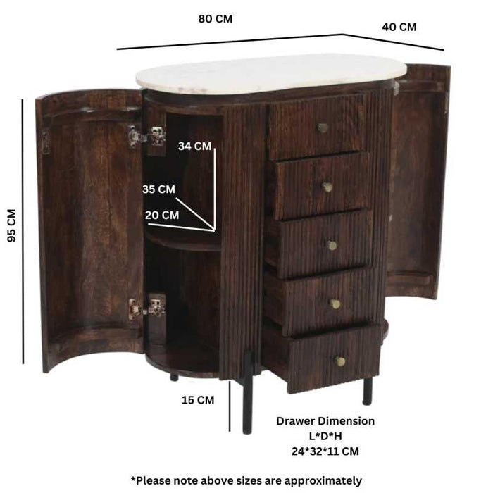 Opal Mango Wood Wide Chest Of Drawers with Marble Top & Metal Legs
