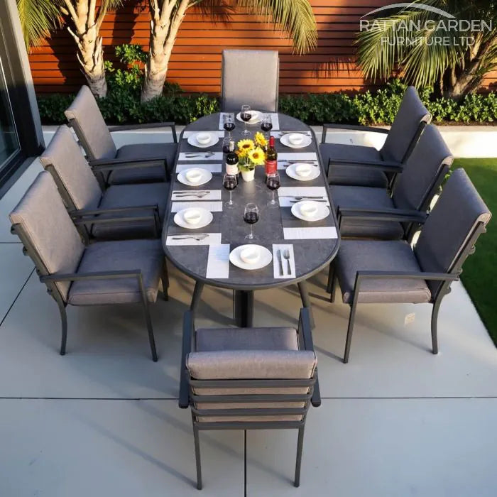 Highbury 8 Seat Aluminium Ceramic Glass Top Oval Dining Set