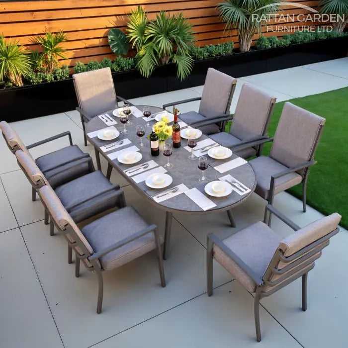 Highbury 8 Seat Aluminium Ceramic Glass Top Oval Dining Set