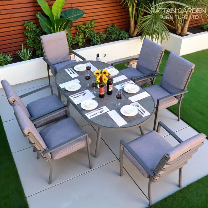 Highbury Aluminium 6 Seat Dining Set With Ceramic Glass Top Oval Table