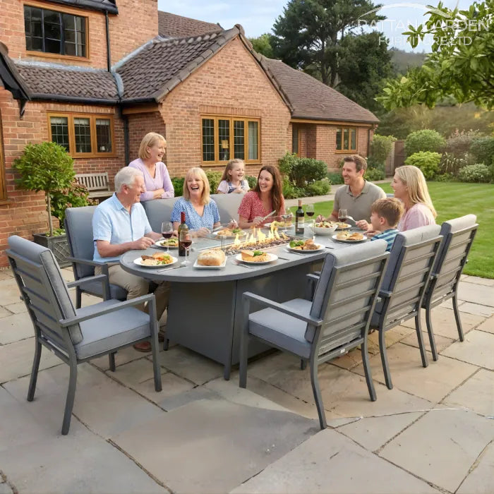 Highbury 8 Seat Aluminium Oval Ceramic Glass Top Table Fire Pit Dining Set
