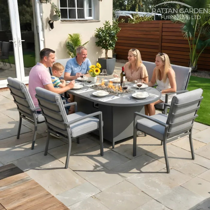 Highbury 6 Seat Aluminium Ceramic Glass Top Oval Table Fire Pit Dining Set